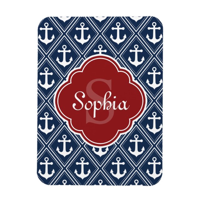 Blue Anchor Pattern Red Monogram Magnet (Vertical)