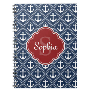 Blue Anchor Pattern Red Monogram Notebook