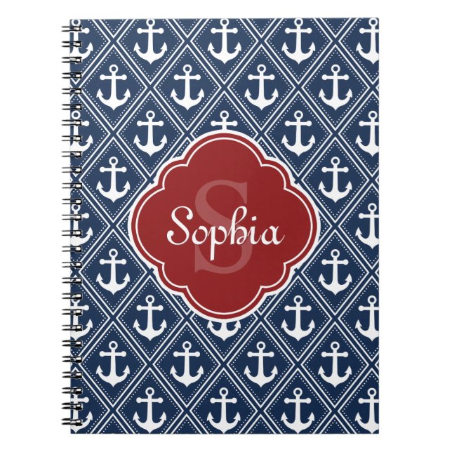 Blue Anchor Pattern Red Monogram Notebook (Front)