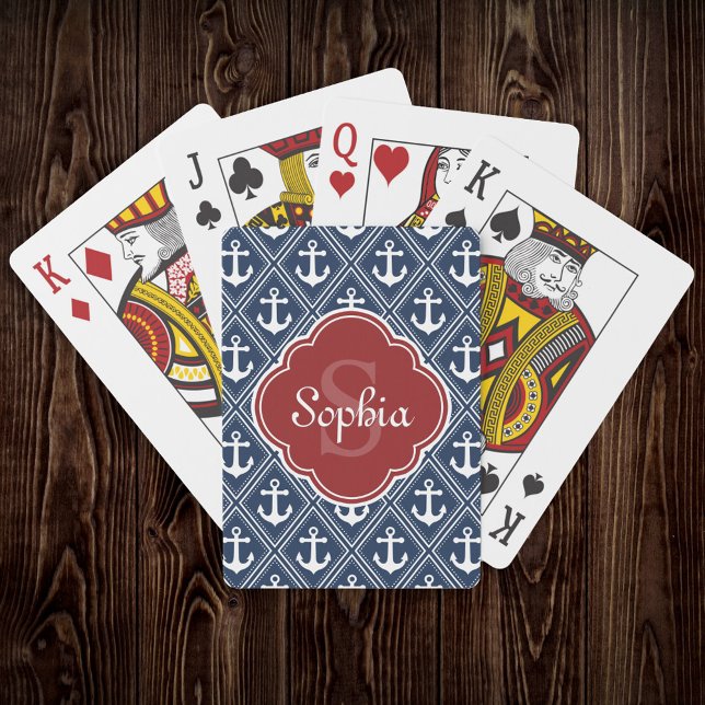 Blue Anchor Pattern Red Monogram Playing Cards (Creator Uploaded)