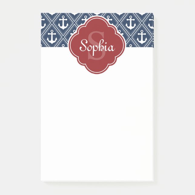 Blue Anchor Pattern Red Monogram Post-it Notes (Front)