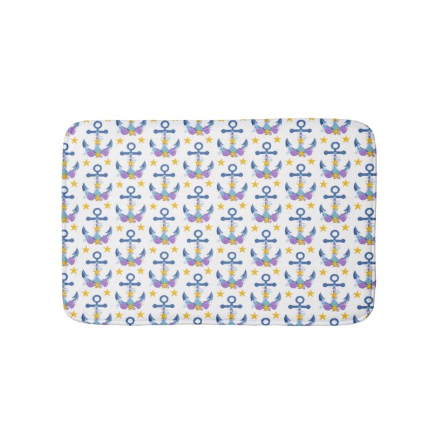 Blue Anchor Purple Seashells Yellow Starfish Bath Mat (Front)
