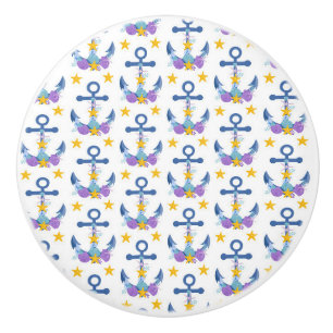 Blue Anchor Purple Seashells Yellow Starfish Ceramic Knob