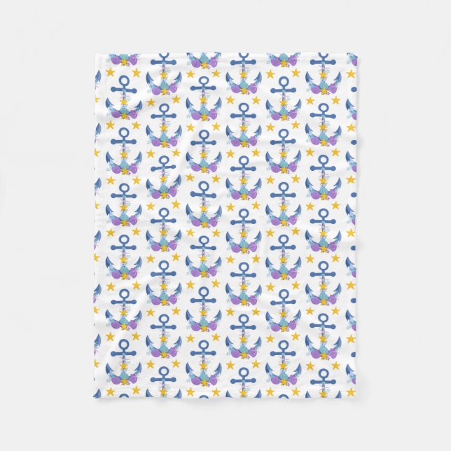 Blue Anchor Purple Seashells Yellow Starfish Fleece Blanket (Front)