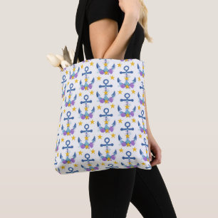 Blue Anchor Purple Seashells Yellow Starfish Tote Bag