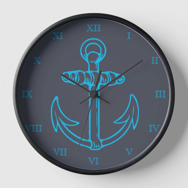 Blue Anchor Roman Numerals Ship or Boat Wall Clock (Front)