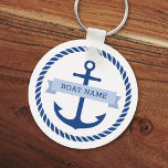 Blue anchor rope border boat name keys white Key Ring<br><div class="desc">Keychain for your boat keys featuring a dark blue nautical anchor surrounded by a rope border on a white background. Across the anchor is a light blue ribbon with a template field for your boat's name. Dark blue back.</div>