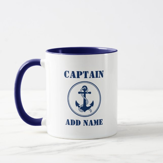Blue Anchor & Rope Captain Add Name or Boat Name Mug (Left)