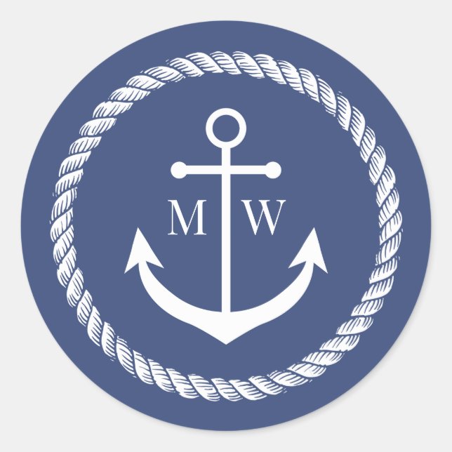 Blue Anchor & Rope Monogram Classic Round Sticker (Front)