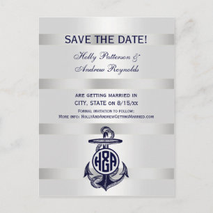 Blue Anchor Silver White Navy Circle Monogram 33 Announcement Postcard