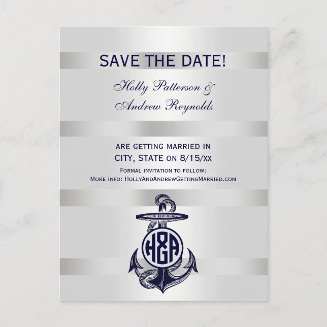 Blue Anchor Silver White Navy Circle Monogram 33 Announcement Postcard (Front)