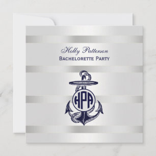 Blue Anchor Silver White Navy Circle Monogram 33 Invitation
