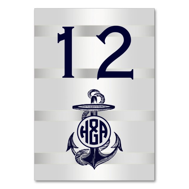 Blue Anchor Silver White Navy Circle Monogram 33 Table Number (Front)