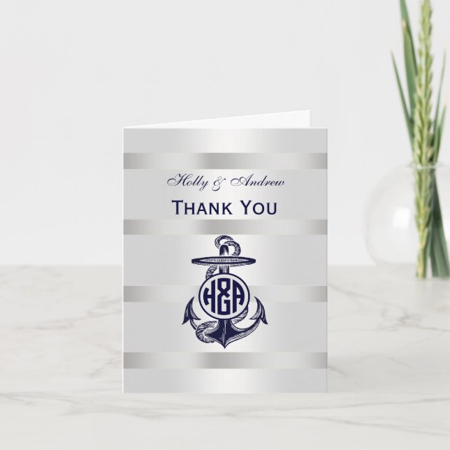Blue Anchor Silver White Navy Circle Monogram 33 Thank You Card (Front)