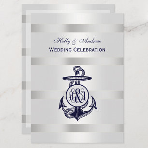 Blue Anchor Silver White Navy Vine Monogram 33 Invitation