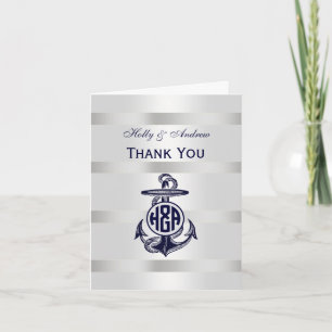 Blue Anchor Silver White Navy Vine Monogram 33 Thank You Card