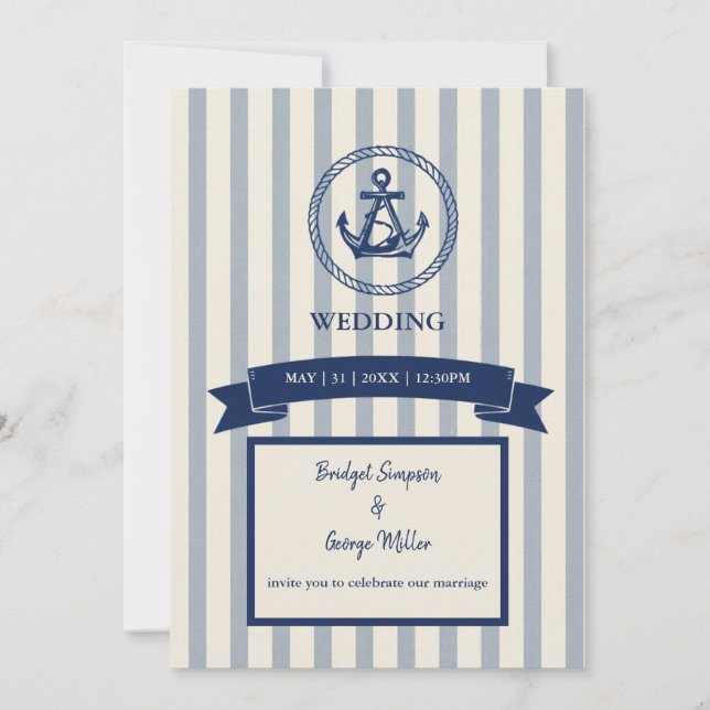 blue Anchor Stripe Maritime Destination Wedding  Invitation (Front)
