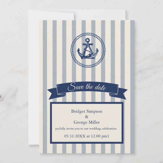 blue Anchor Stripe Maritime Destination Wedding  Invitation (Front)