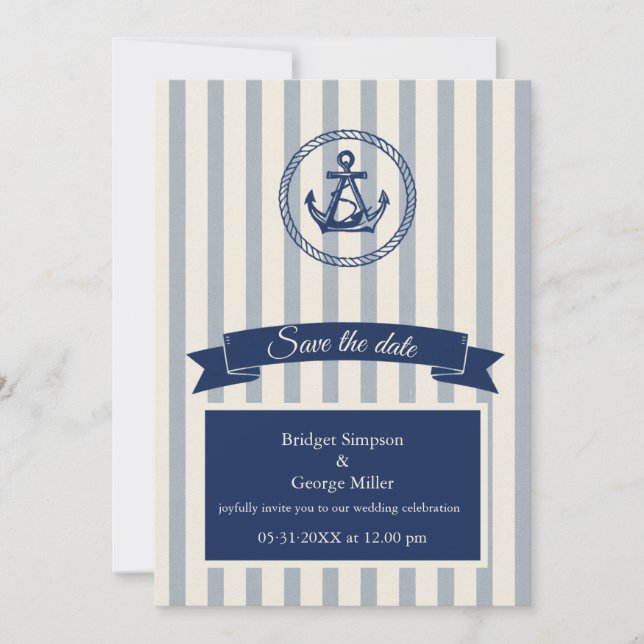 blue Anchor Stripe Maritime Destination Wedding  Invitation (Front)