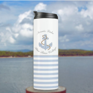 Blue Anchor Stripes Nautical Lake Beach House Name Thermal Tumbler