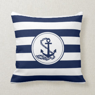 Blue Anchor Symbol Maritime Style Striped Cushion