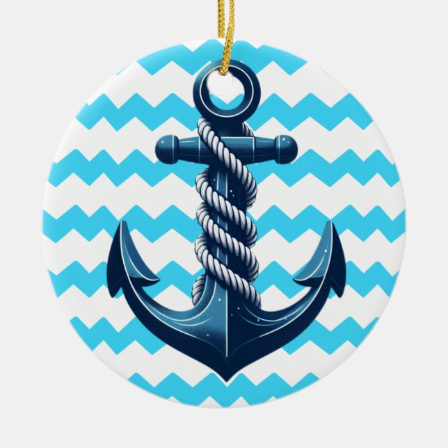 Blue anchor with blue waves ceramic tree decoration (Front)