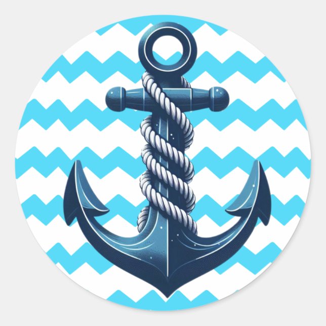 Blue anchor with blue waves classic round sticker (Front)