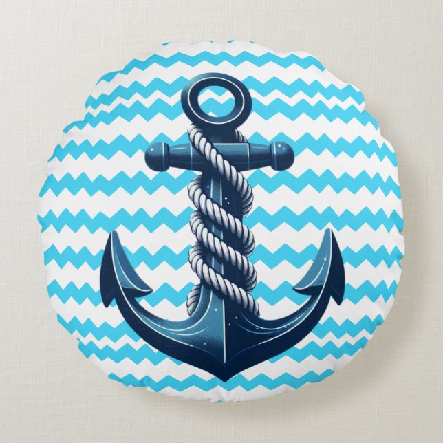 Blue anchor with blue waves round cushion (Front)