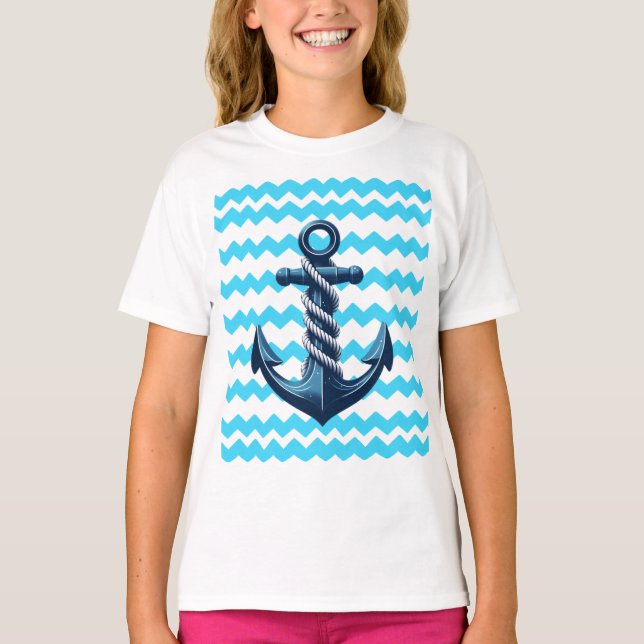 Blue anchor with blue waves T-Shirt (Front)