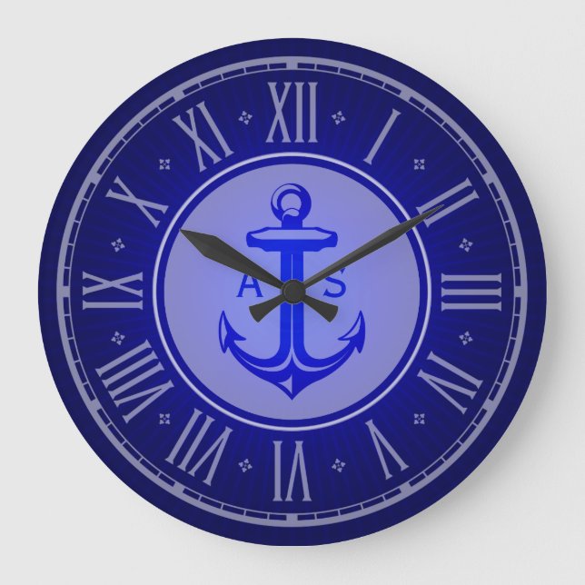 Blue anchor with initials | Nautical Gifts Large Clock (Front)