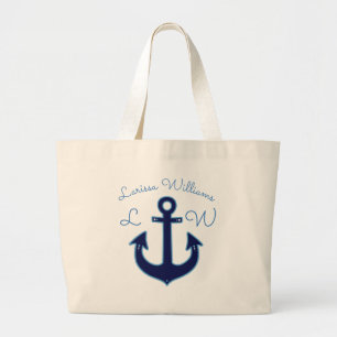 blue anchor with name & initials nautical large tote bag