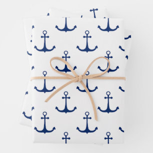 Blue Anchors on White Background Nautical Theme  Wrapping Paper Sheet
