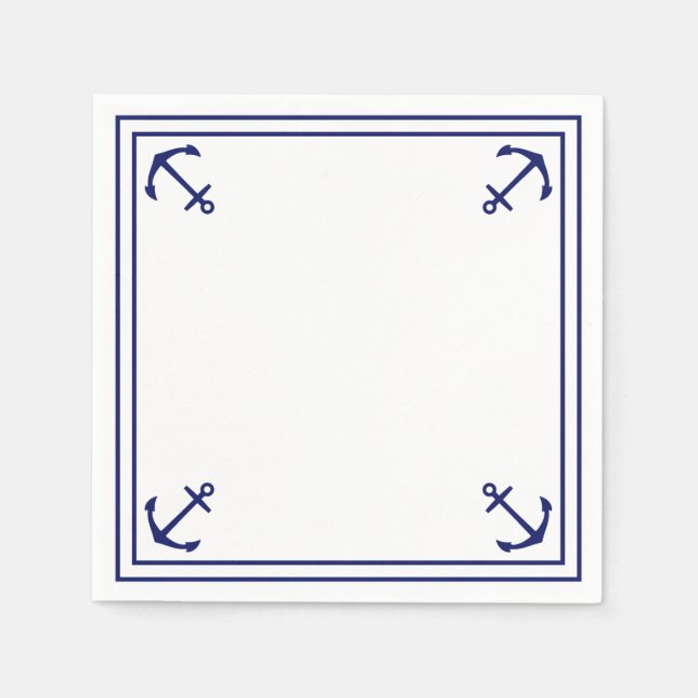Blue Anchors on White Customisable Cocktail Napkin (Front)