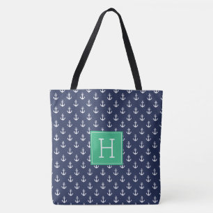 Blue Anchors Pattern and Green Monogram Tote Bag