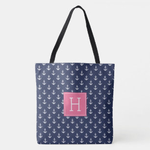 Blue Anchors Pattern and Pink Monogram Tote Bag