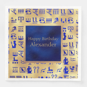 Blue Ancient Egyptian Hieroglyphics Art on Gold Napkin