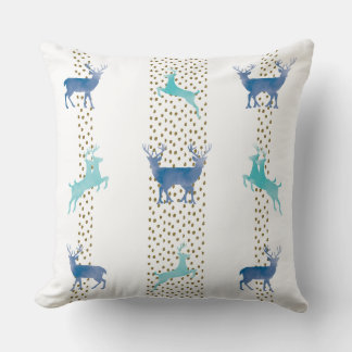 Blue and Aqua Watercolor Reindeer and Gold Droplet Cushion