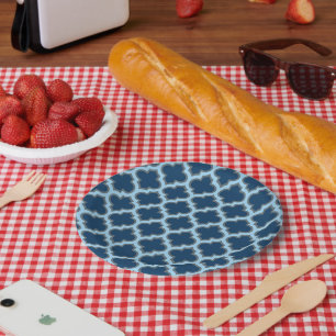 Blue and Baby Blue Trellis, Lattice, Quatrefoil Paper Plate