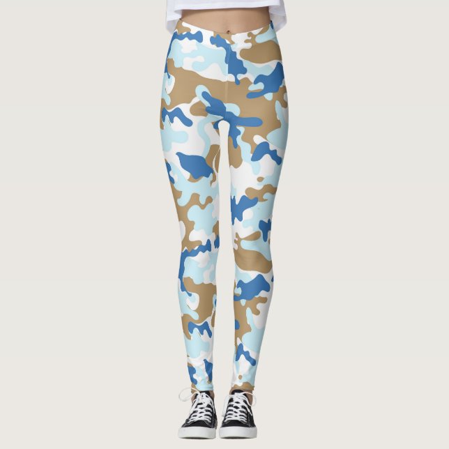Blue and Beige Camouflage Leggings (Front)