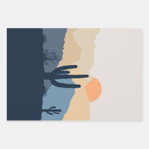 Blue and beige desert sunrise wrapping paper sheet