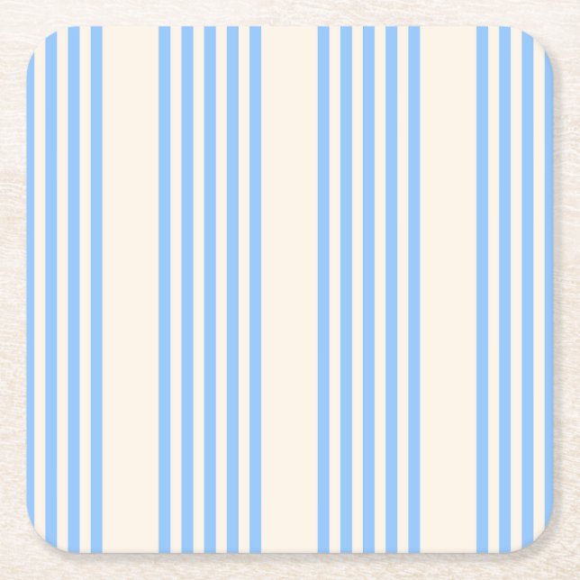 Blue and beige five stripe pattern square paper coaster (Front)
