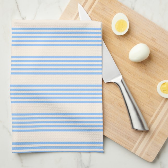 Blue and beige five stripe pattern tea towel (Quarter Fold)