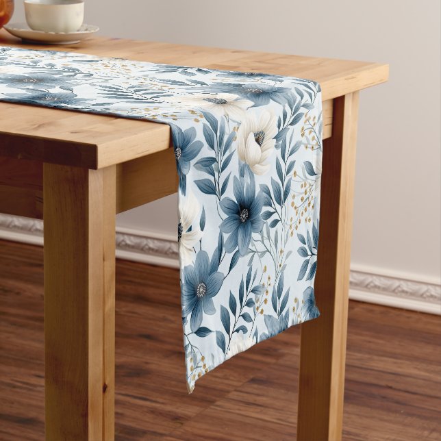Blue and Beige Flowers Short Table Runner (In Situ)