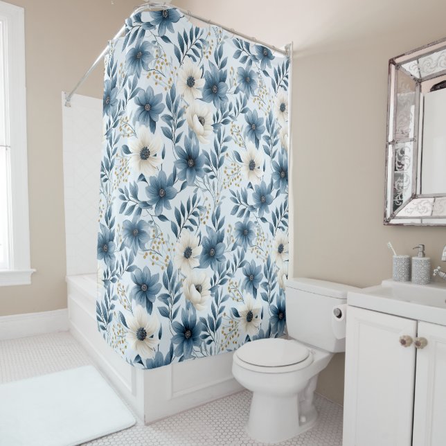 Blue and Beige Flowers Shower Curtain (In Situ)