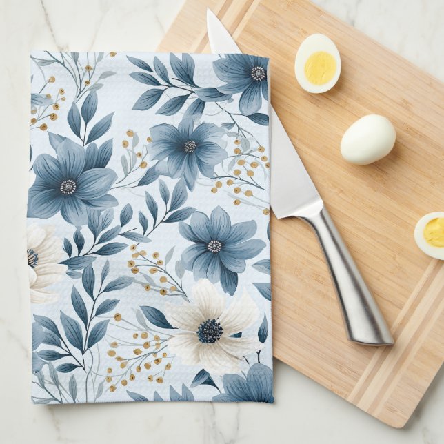 Blue and Beige Flowers Tea Towel (Quarter Fold)