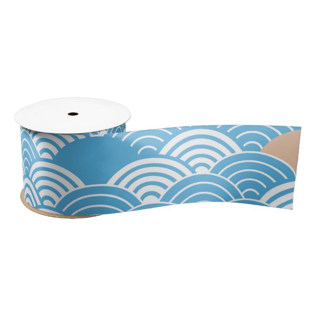 Blue and Beige Japanese Wave Pattern  Satin Ribbon (Spool)