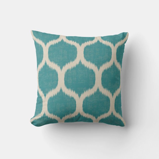 Blue and Beige Ogee Ikat Pattern With Texture  Cushion (Front)