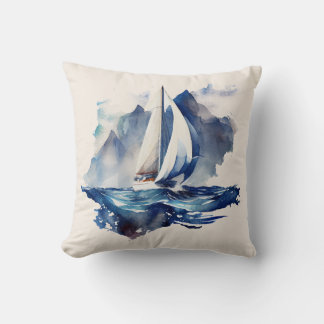 Blue and Beige Sailboat Throw Pillow