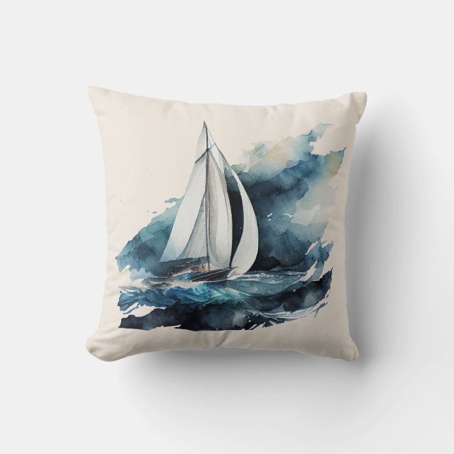 Blue and Beige Sailboat Throw Pillow (Front)