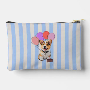 Blue And Beige Striped Corgi Birthday Party Accessory Pouch